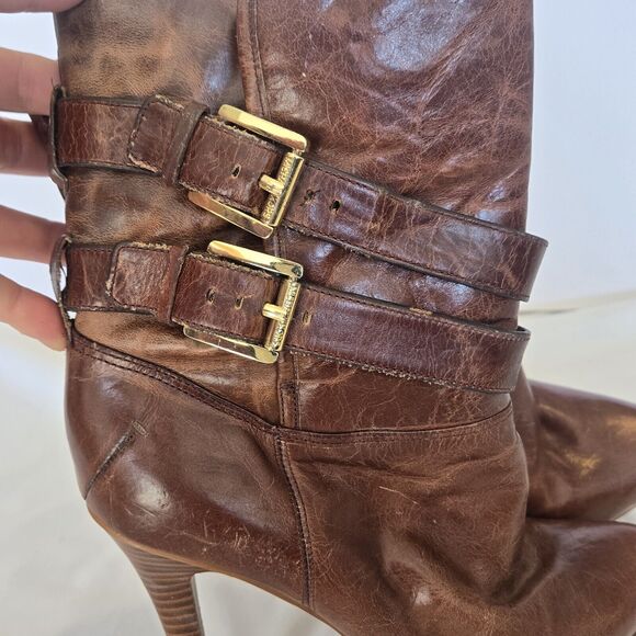 Michael Kors Distressed Leather Mocha Mae Platform Shearling Boots Size 8.5 - Picture 9 of 9
